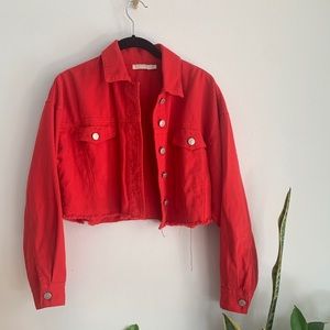 Cropped Red Denim Jacket